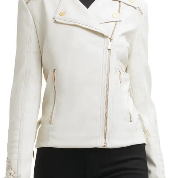 Guess Cream Leather Motorcycle Jacket with Asymmetrical Design - Picture 1 of 11